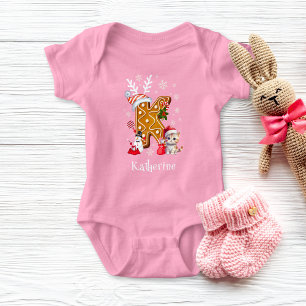 Christmas Kitten Santa Gingerbread Letter K Girl Baby Bodysuit