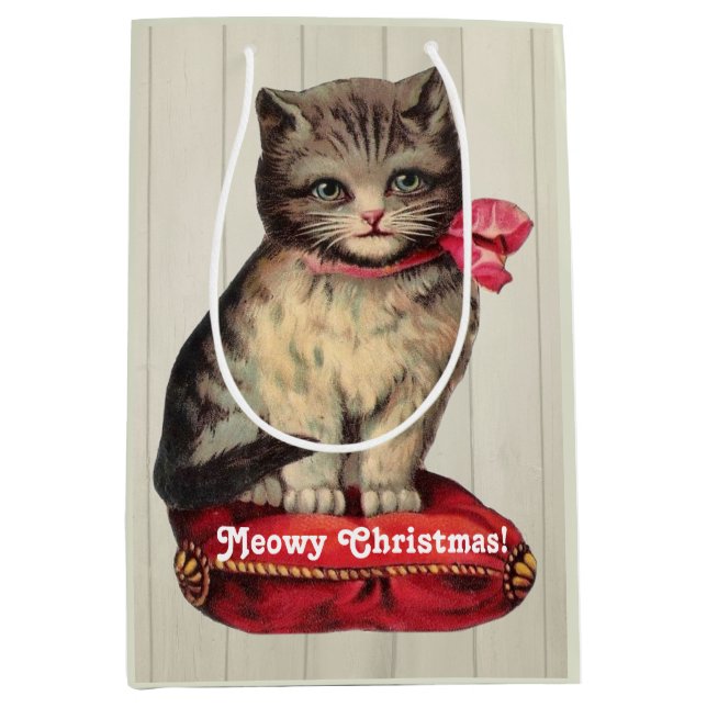 Christmas Kitten Sitting Wearing a Red Bow Medium Gift Bag (Front)