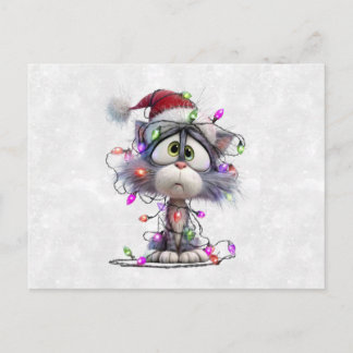 Christmas Kitten tangled in Lights Postcard