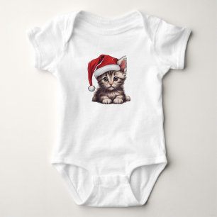 Christmas Kitten w Santa Hat, Holiday Kitty Cat Baby Bodysuit