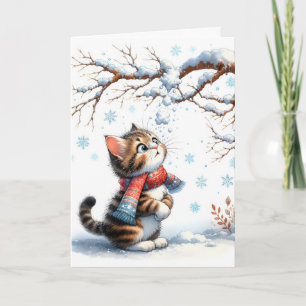 Christmas Kitten Watching Falling Snow Card