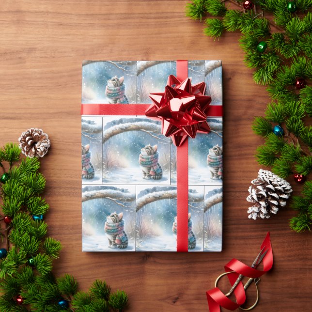 Christmas Kitten Wearing a Winter Scarf Wrapping Paper (Holiday Gift)