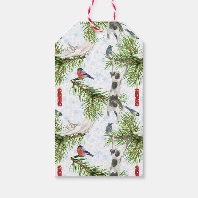 Christmas Kitten with Birds Gift Tags (Front)