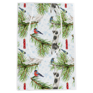 Christmas Kitten with Birds Medium Gift Bag