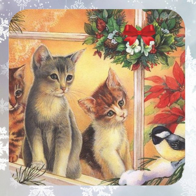 Christmas Kittens Birdwatching Cute Card Square Sticker (Creator Uploaded)