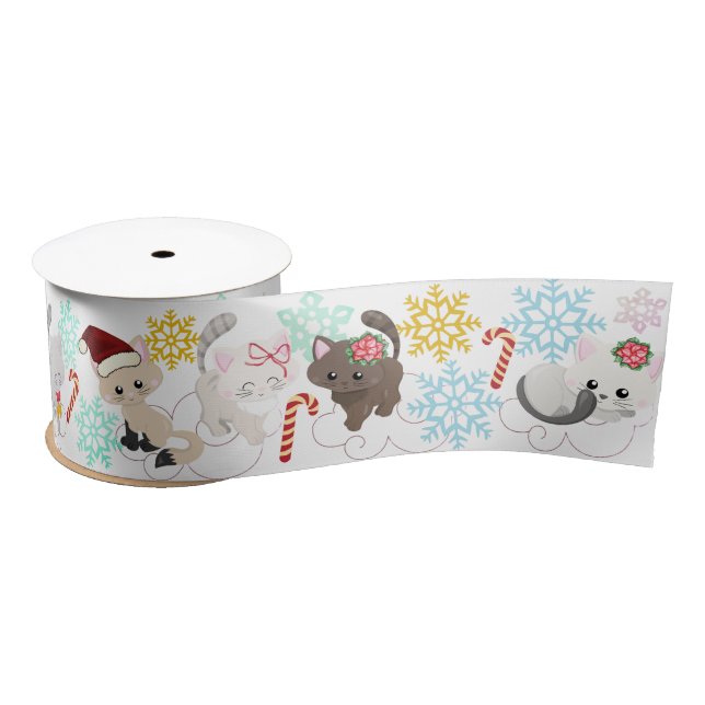 Christmas Kittens in Clouds and Snowflakes Satin Ribbon (Spool)