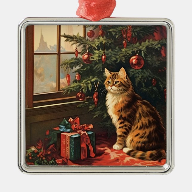 Christmas Kitty at the Window Metal Tree Decoration (Front)