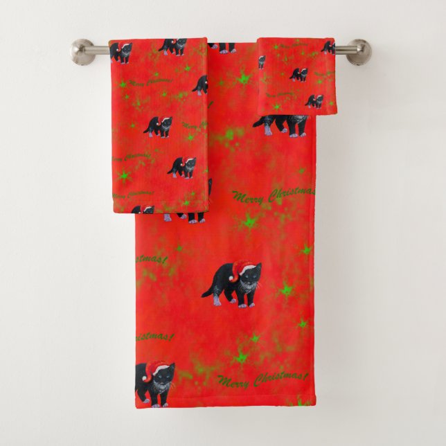 Christmas kitty cat Tuxedo on red Bath Towel Set (Insitu)