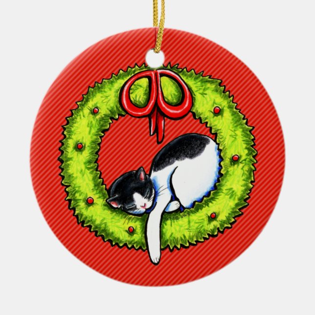 Christmas Kitty Cat Wreath Ceramic Tree Decoration (Front)