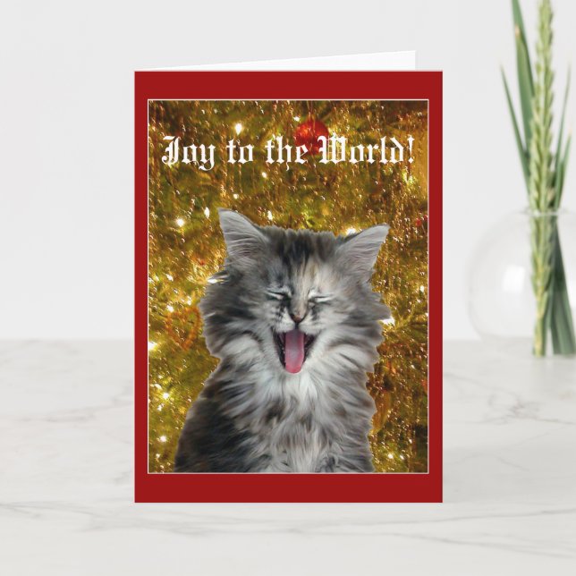 Christmas kitty makes a joyful noise greeting card (Front)