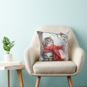 Christmas Kitty Watching a Cardinal Cushion