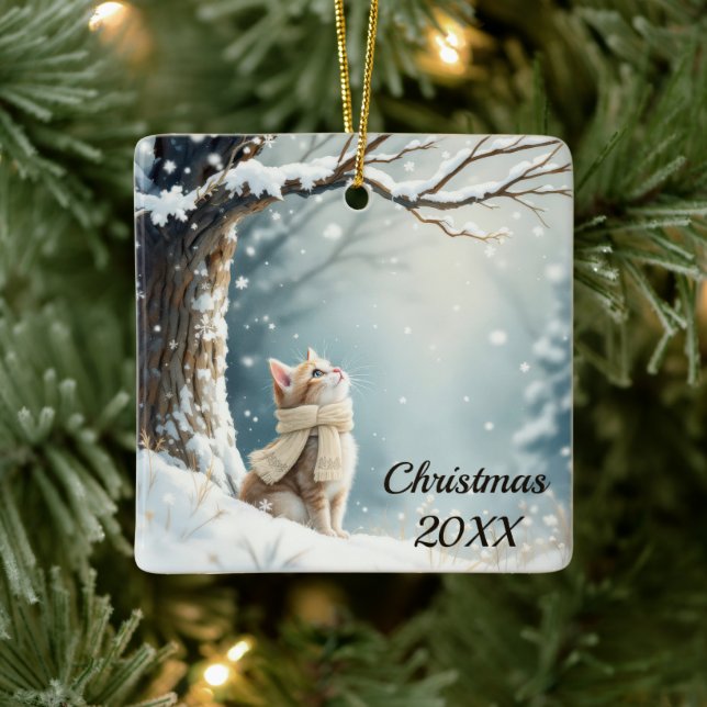 Christmas Kitty Watching Snowflakes Ceramic Ornament (Tree)