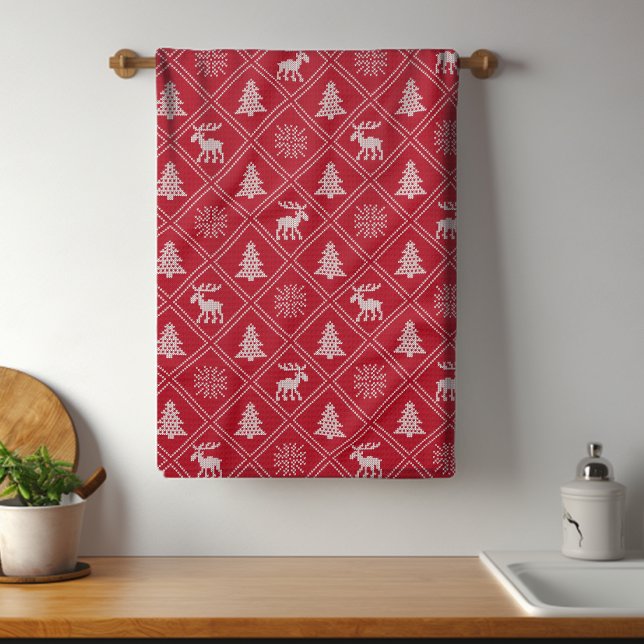 Christmas Knit Moose Tree Red Winter Holidays Tea Towel (Creator Uploaded)