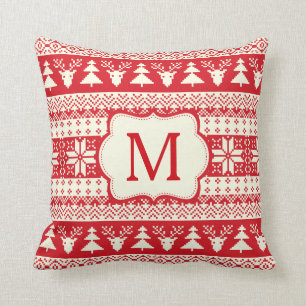 Christmas Knitted Pattern Monogram Initial Cushion