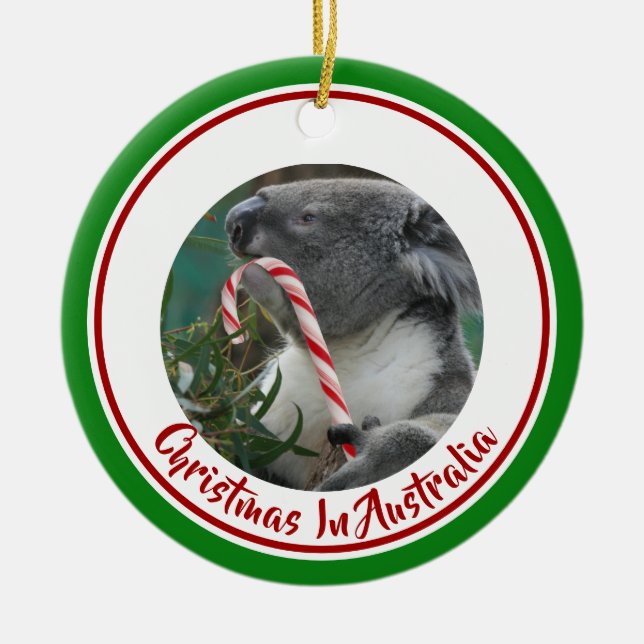 Christmas Koala with Candy Cane in Eucalyptus Tree Ceramic Tree Decoration (Front)