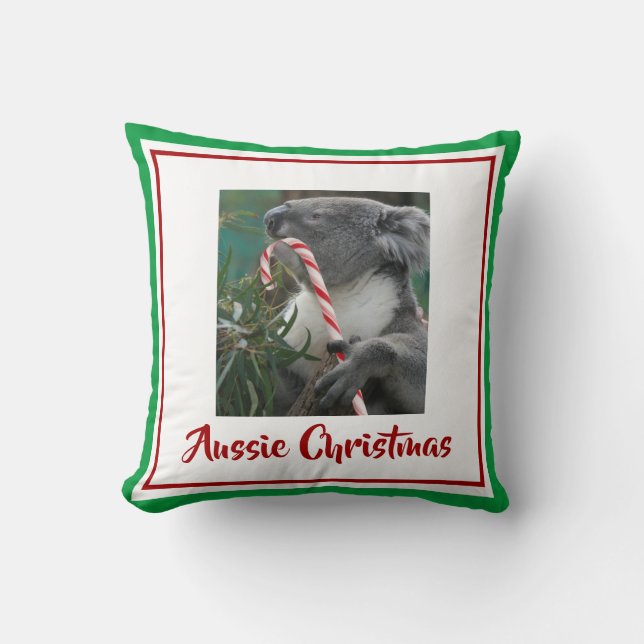 Christmas Koala with Candy Cane in Eucalyptus Tree Cushion (Front)