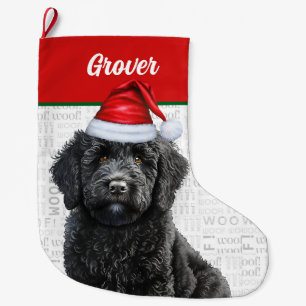 Christmas Labradoodle with Name Woof Background Large Christmas Stocking
