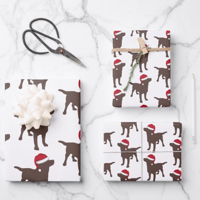 Christmas Labrador Chocolate Dog In Santa Hat Wrapping Paper Sheet (Front)