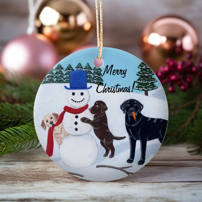 Christmas Labrador Painting Snowman Ceramic Tree Decoration (Christmas Labradors and Snowman Design Ceramic Ornament for Labrador Owners.  Whimsical Painting.)