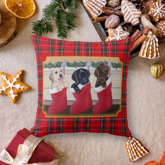 Christmas Labrador Retriever Puppies Painting Cushion (Christmas Labrador Retriever Puppies Design Pillow for Labrador Owners.  Tartan plaid background.)