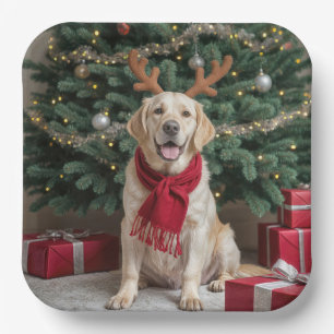 Christmas Labrador Retriever With Antlers Paper Plate