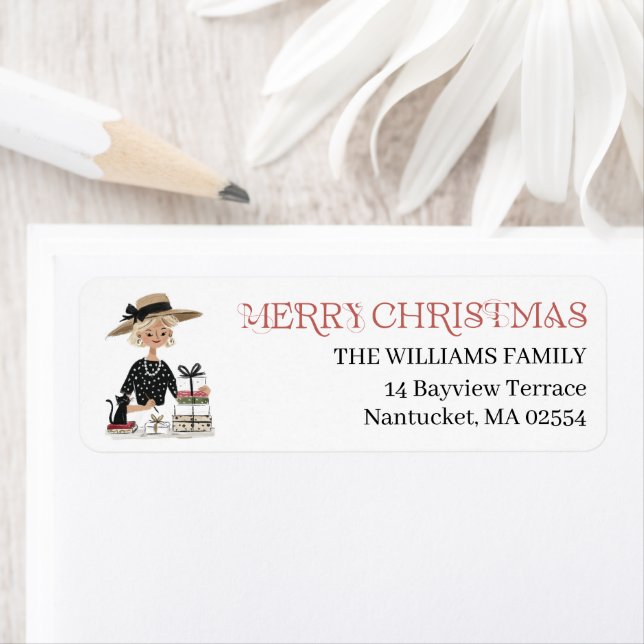 Christmas Lady & Cat Personalised Return Address (Insitu)