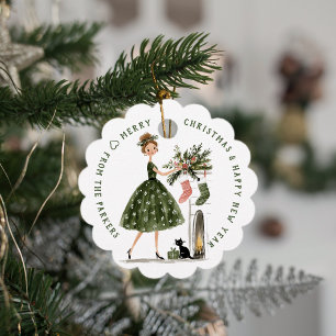Christmas Lady with Cat Personalised Plaid Holiday Favour Tags