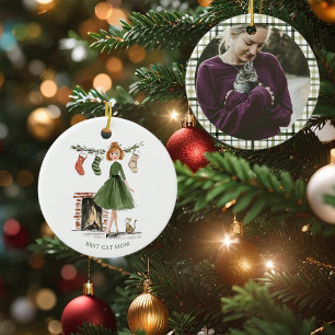 Christmas Lady with Cat Personalized Photo Ceramic Tree Decoration