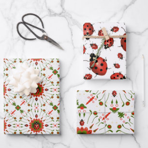 Christmas Ladybug 3 Styles Red White Green Wrapping Paper Sheet