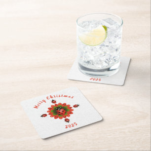 Christmas Ladybug Red Green White Square Paper Coaster