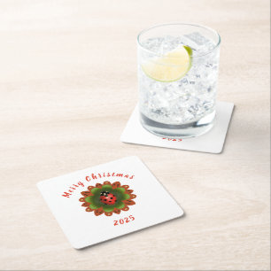 Christmas Ladybug Red Green White Square Paper Coaster
