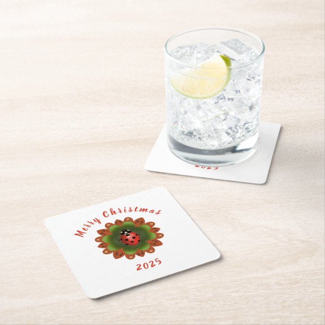 Christmas Ladybug Red Green White Square Paper Coaster (Insitu)