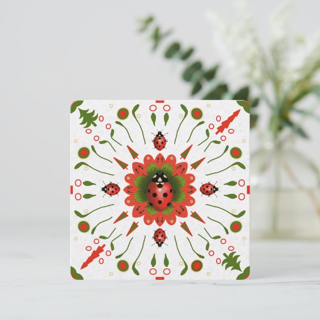 Christmas Ladybug Red White Green Hand-drawn Blank Invitation (Standing Front)