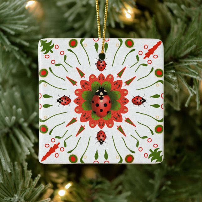 Christmas Ladybug Red White Green Ornament (Tree)