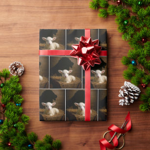Christmas Lamb In a Manger With Lion Shadow Wrapping Paper