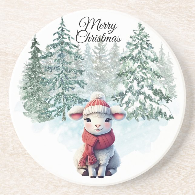 Christmas Lamb Sandstone Coaster (Front)