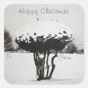 Christmas landscape snow scene original art square sticker