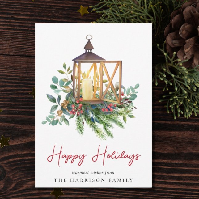 Christmas Lantern Greenery Watercolor Holiday Card (Spread the love and joy of the season with your friends and family near and far)