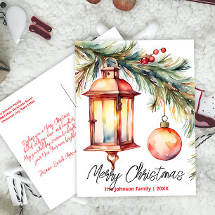 Christmas Lantern Pine Branch and Holly Berries Holiday Postcard