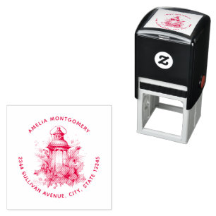 Christmas Lantern Poinsettia and Pine Address Self-inking Stamp