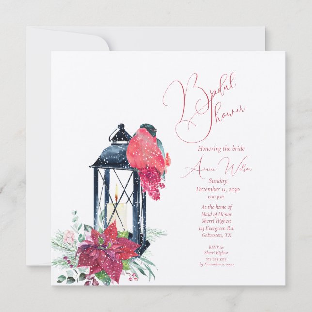 Christmas Lantern Poinsettia Evergreens Invitation (Front)