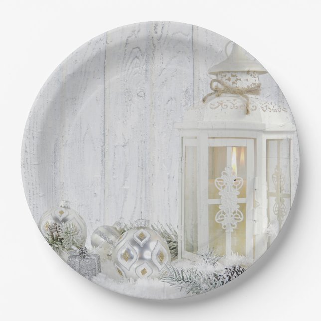 Christmas Lantern With Ornaments Paper Plate (Front)