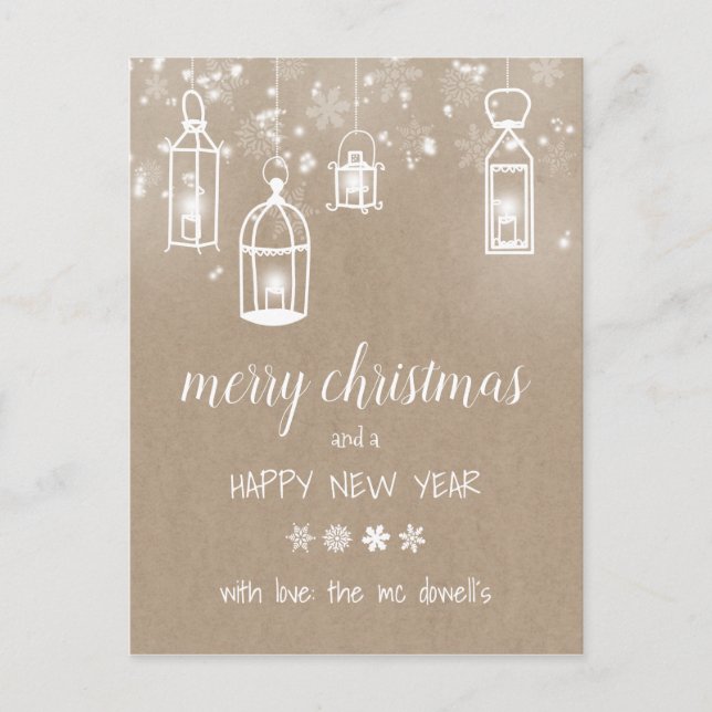 christmas lanterns kraft winter announcement postcard (Front)