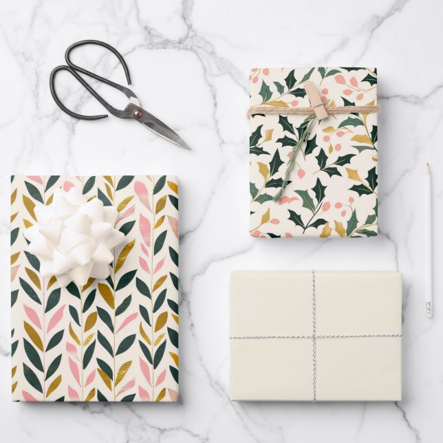 Christmas Leaf Green Ivory Pink Gold Wrapping Paper Sheet (Front)