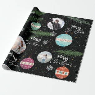 Christmas Leaf Snowflake Ornaments Name Black Wrapping Paper