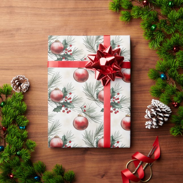 Christmas Leaves and Red Balls Wrapping Paper (Holiday Gift)