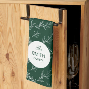 Christmas Leaves Green Pattern Custom Family Name Tea Towel