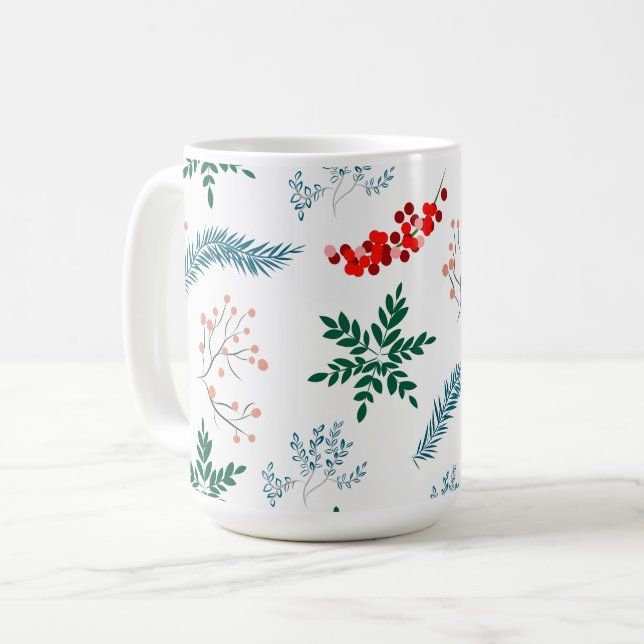 Christmas Leaves Pattern Merry & Bright Coffee Mug (Front Left)