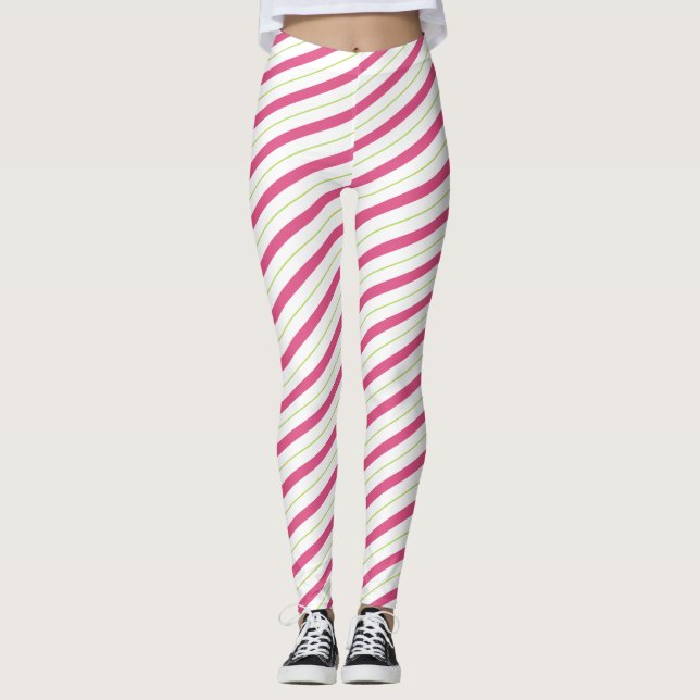 Christmas Leggings Pink Candy Cane Stripes (Front)