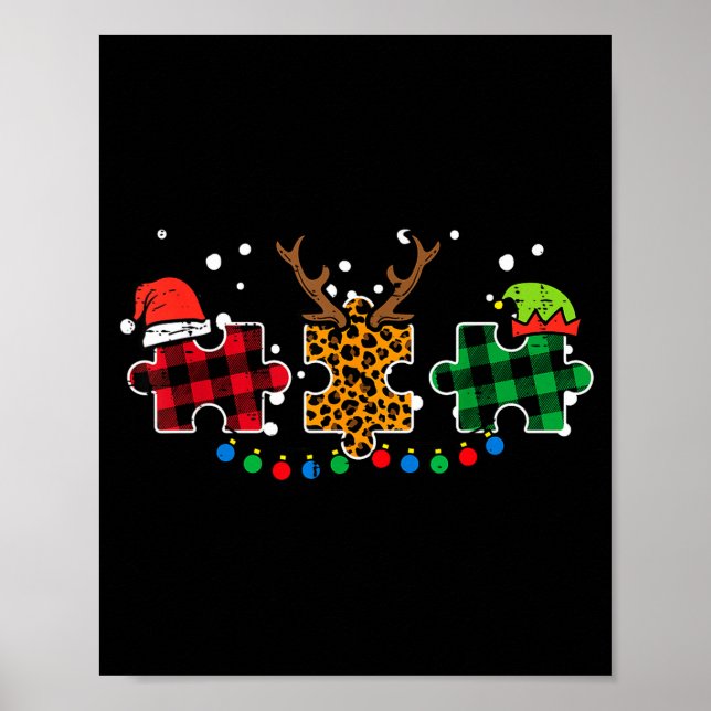 Christmas Leopard Plaid Puzzle Autism Xmas Men Wom Poster (Front)